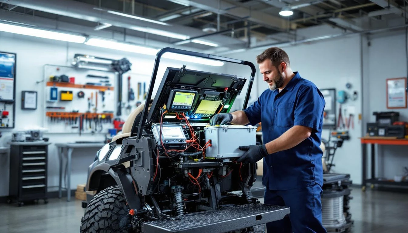 A lead technician in a professional golf cart service bay examines a lithium battery system installed in a lifted EV gol