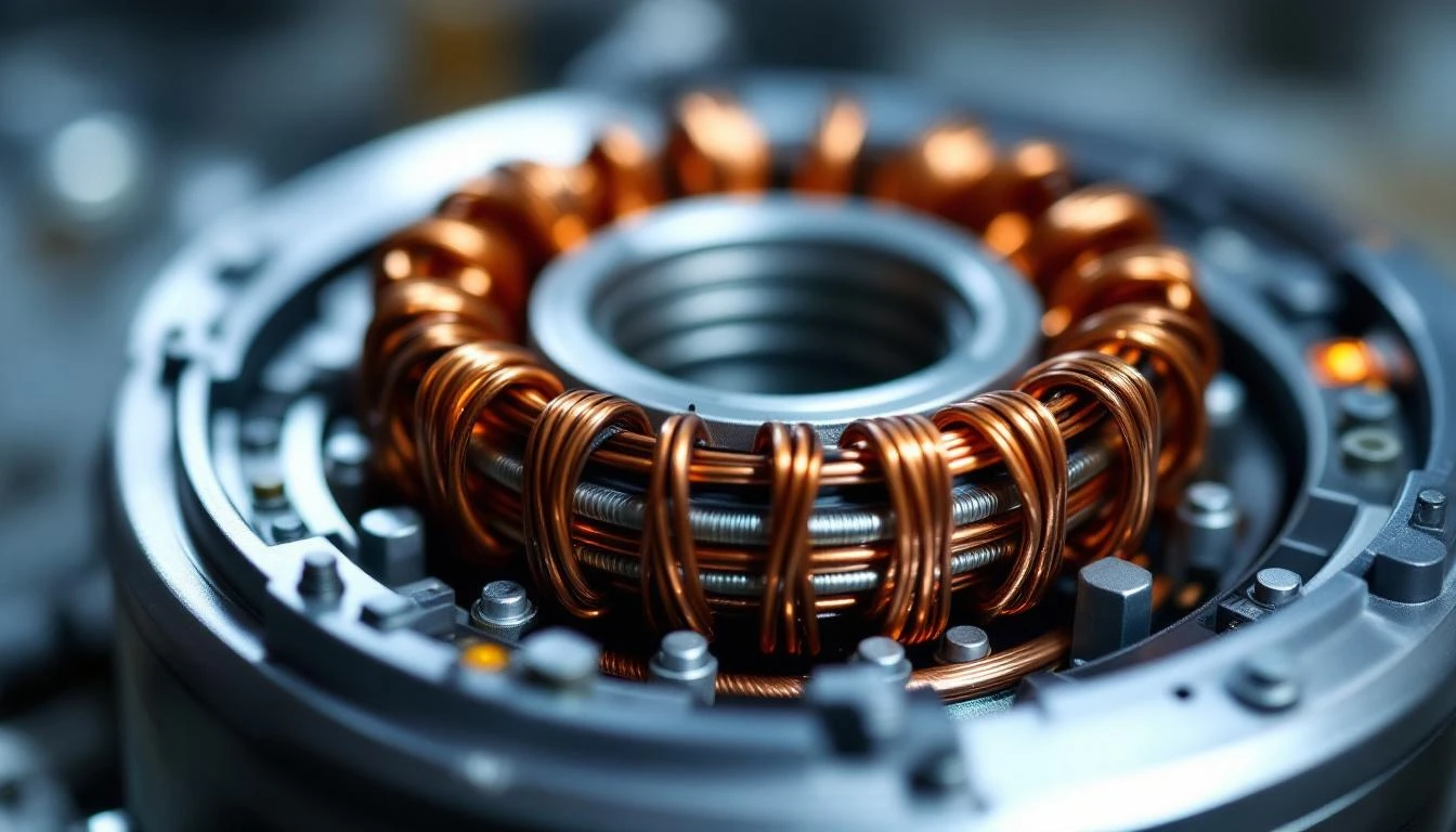 Extreme close-up macro photograph of a golf cart DC motor's copper windings and electromagnetic coil assembly, shot at 4