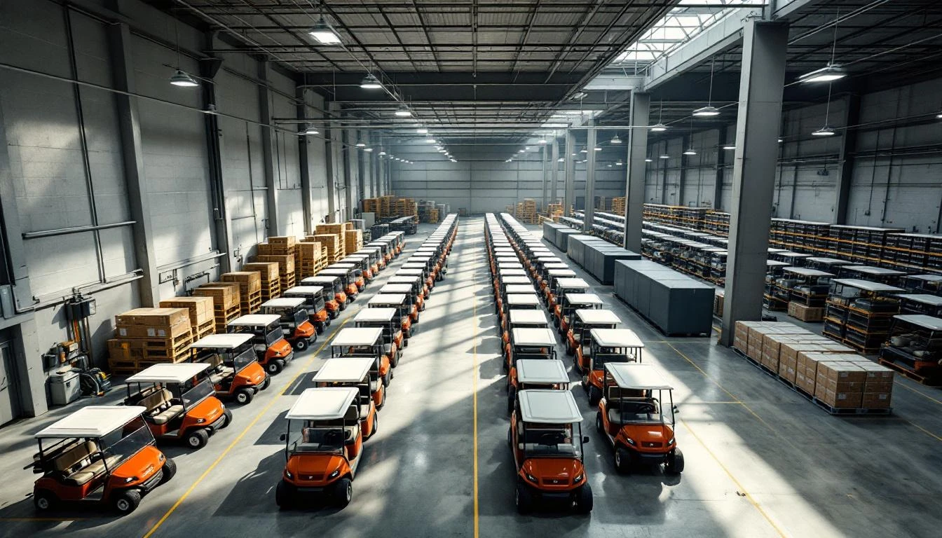 Wide-angle shot of a commercial fleet storage facility with rows of golf carts lined up in organized columns, photograph
