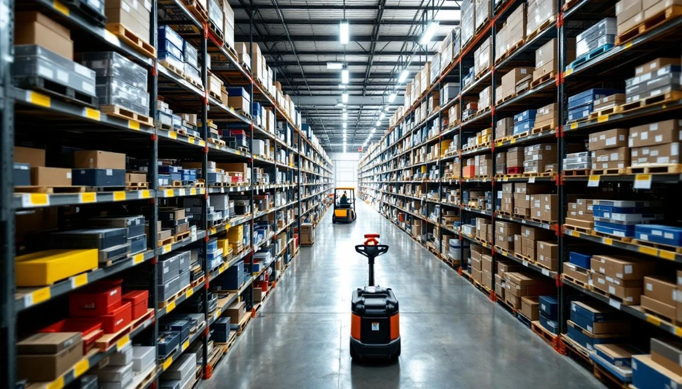 A elevated diagonal perspective of organized golf cart parts arranged on industrial metal shelving units within a bustli