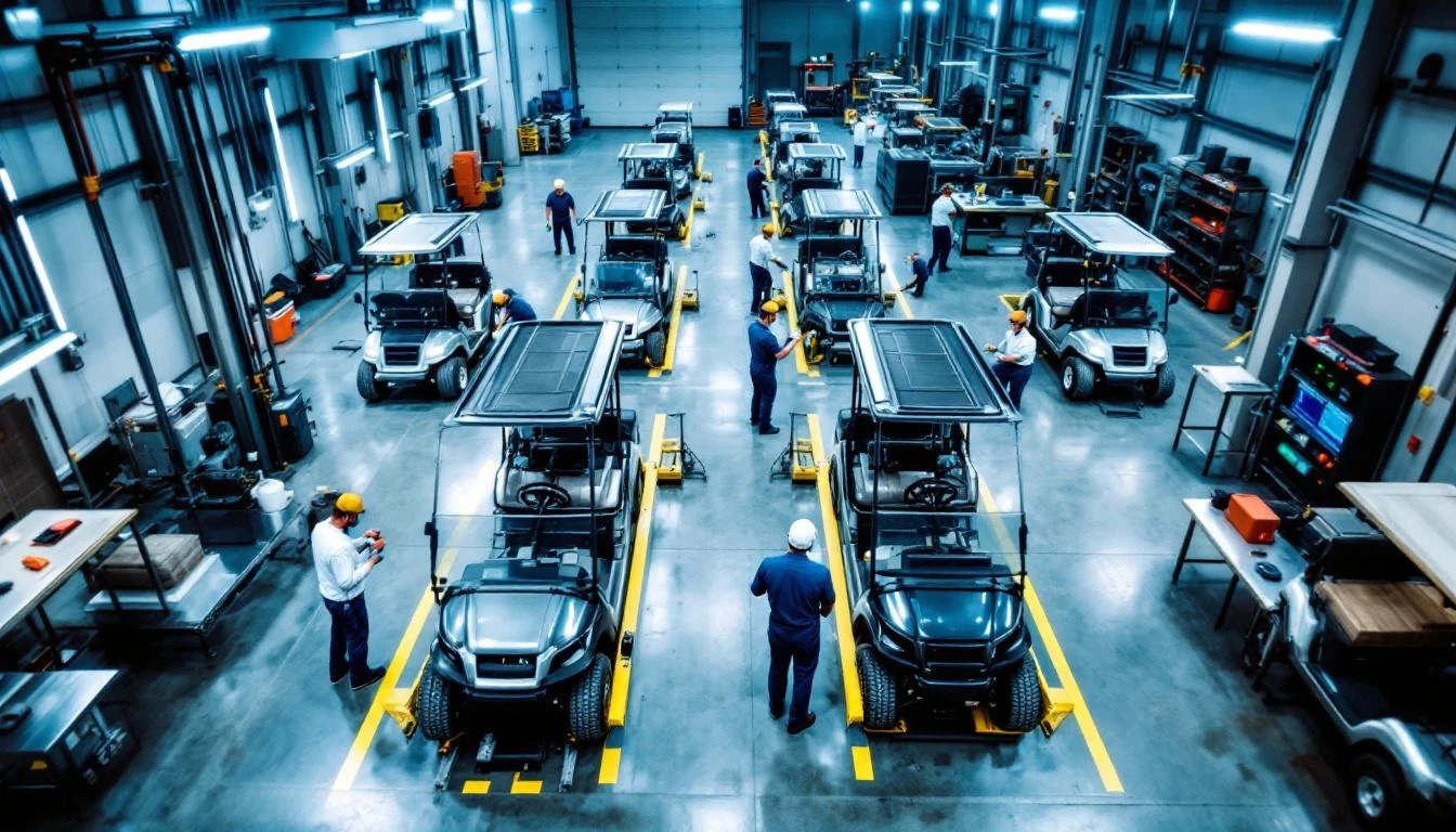 Assembly line of six golf carts progressing through a modern maintenance facility, photographed from elevated angle show