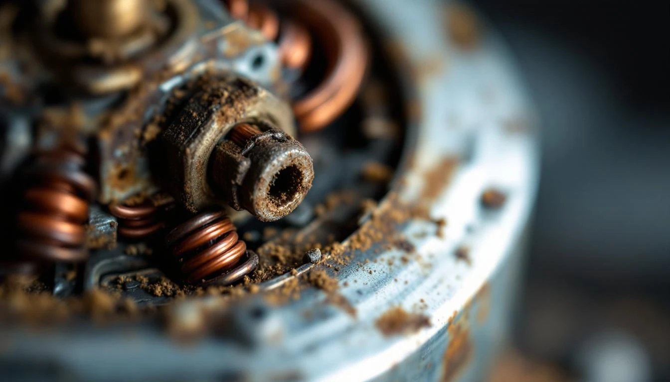 Extreme close-up of a golf cart DC motor's copper windings and commutator, shot at 45-degree angle under studio LED ligh