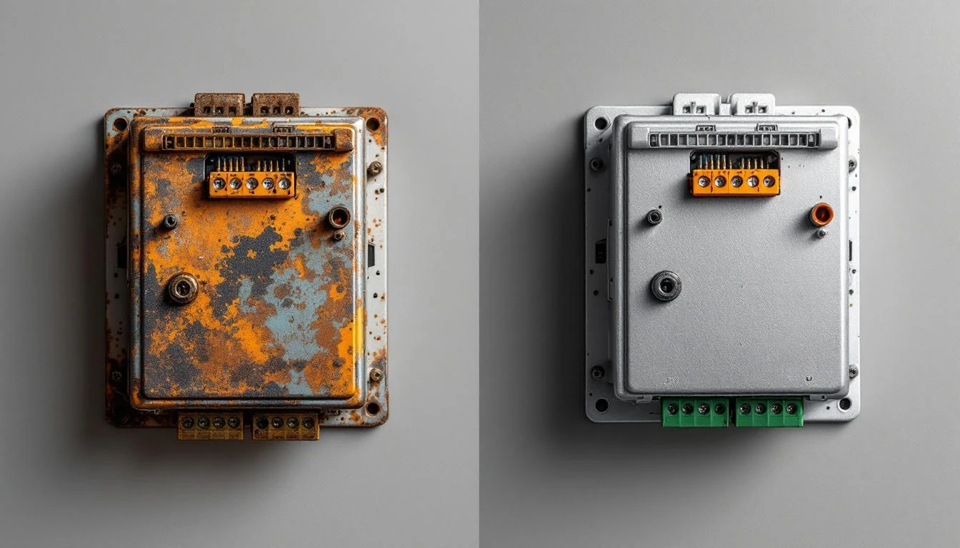 Split-screen comparison showing a worn, corroded golf cart controller module on the left side against a pristine, profes