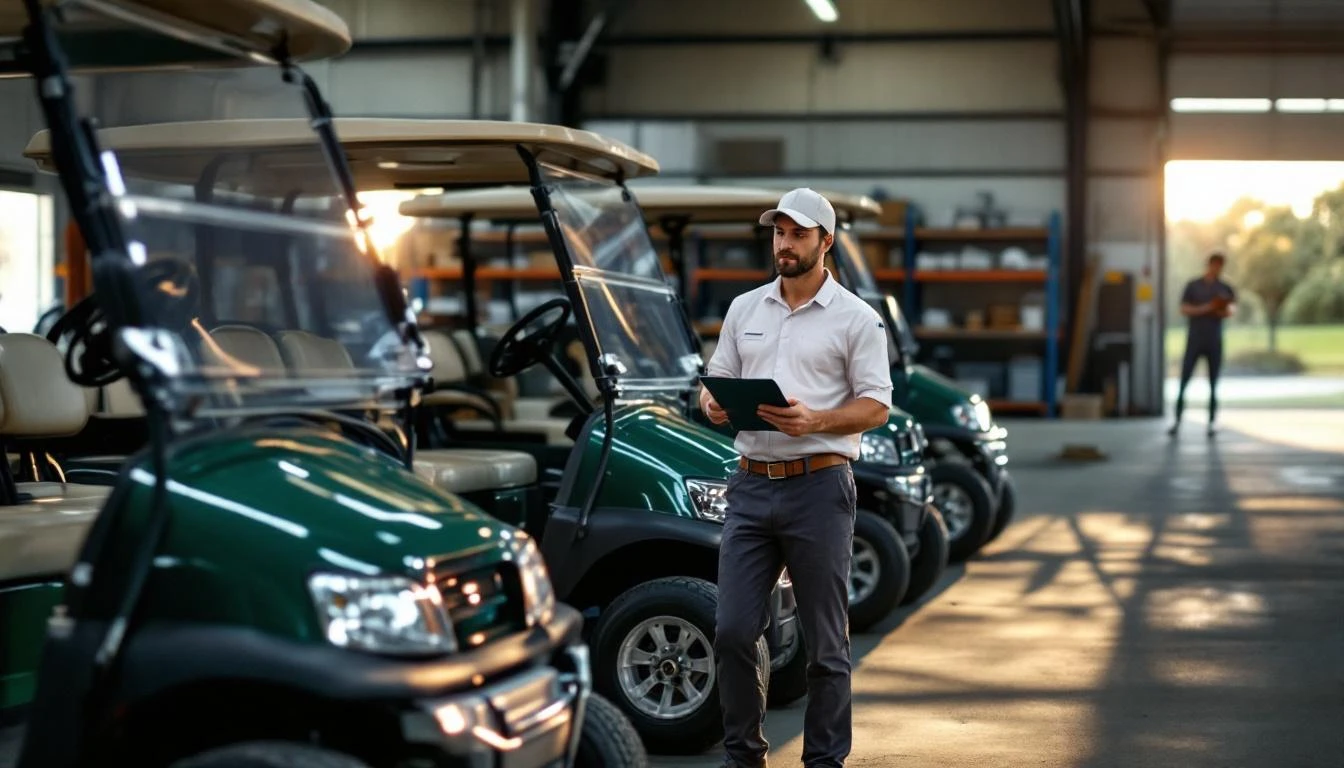 Over-the-shoulder perspective of a fleet manager reviewing a line of professionally maintained golf carts in a UK club's