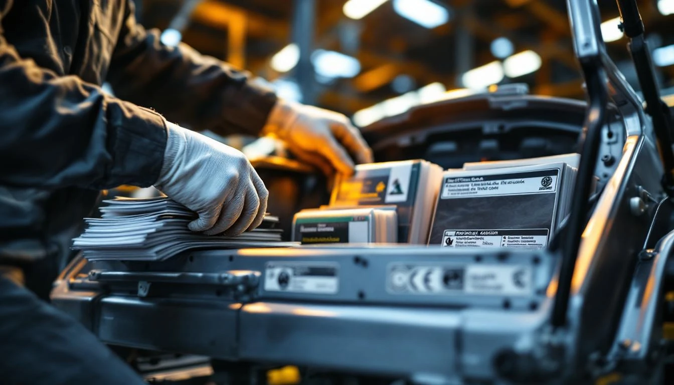 Close-up action shot of a golf cart assembly line in motion, with a technician's gloved hands securing multilingual inst