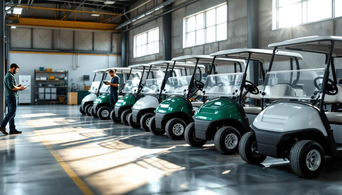 A row of six white and forest-green golf carts lined up in a European resort maintenance bay, photographed from a slight