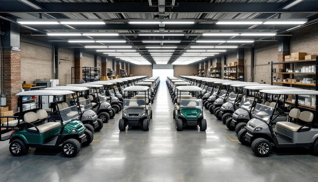 A wide-angle warehouse photograph showcasing a organized fleet of approximately 20 golf carts lined in precise rows acro