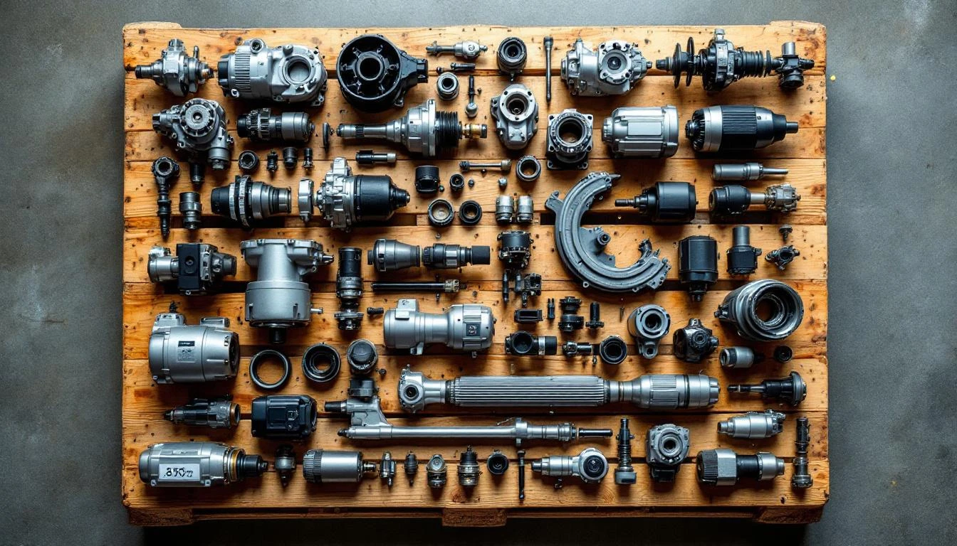 Overhead flat lay composition of golf cart drivetrain components meticulously organized on a weathered wooden warehouse