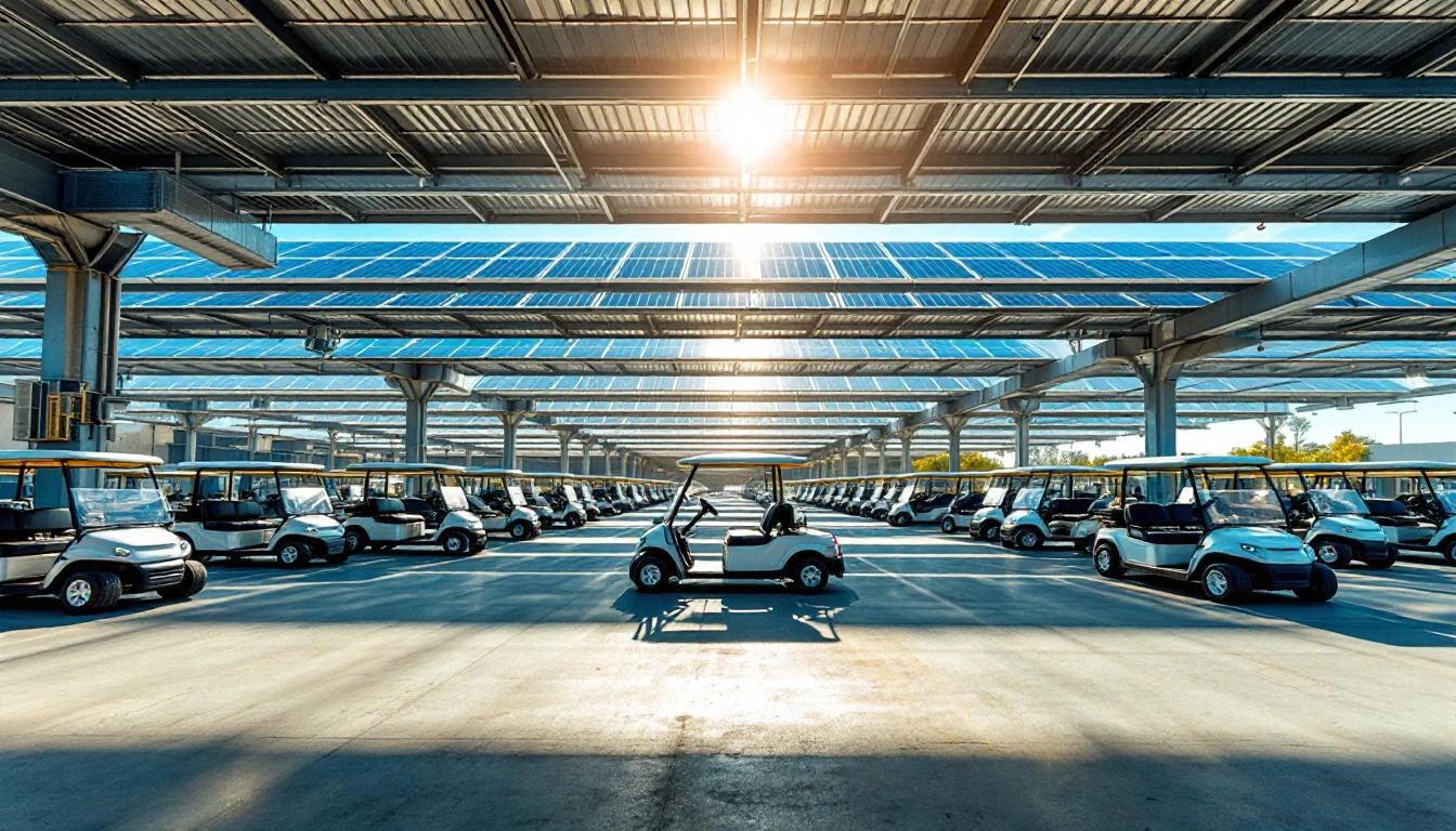 Low-angle perspective of a climate-controlled golf cart storage facility in southern Spain, with rows of EV golf carts p