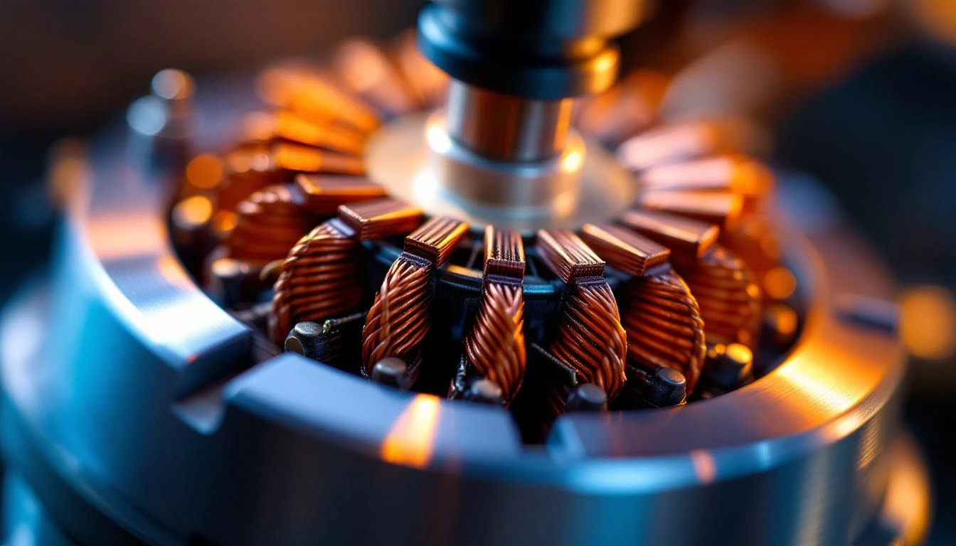 Extreme close-up macro photography of a golf cart DC motor's copper commutator and brush assembly, shot at 45-degree ang