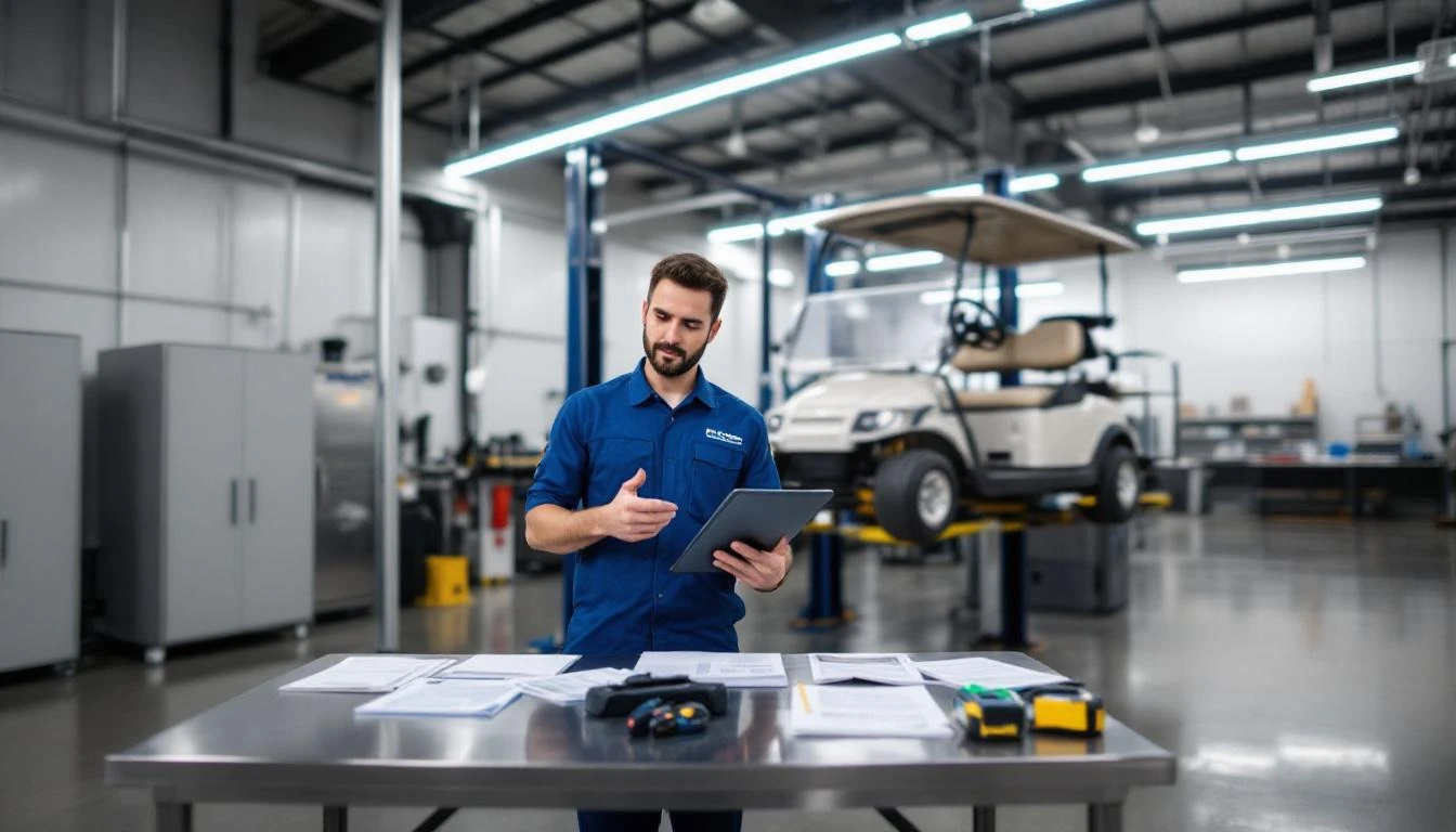 A certified technician in a well-lit golf cart service bay examines a Club Car precedent model suspended on hydraulic li