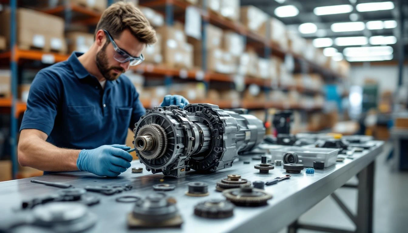 A technician in safety glasses performs quality inspection of golf cart drivetrain components arranged on a metal workbe