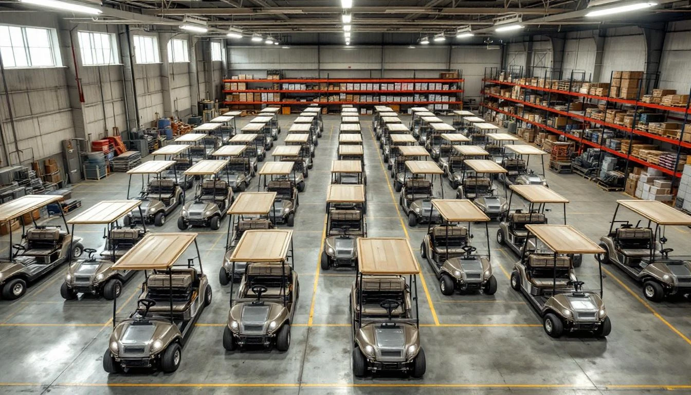 Wide overhead shot of a commercial golf cart fleet warehouse displaying rows of twelve assembled carts with exposed batt