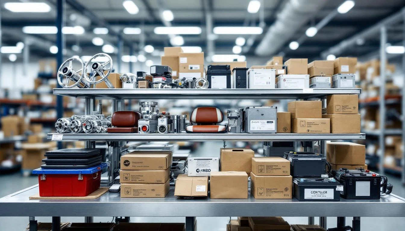 Organized warehouse table displaying tiered inventory of OEM-certified golf cart components arranged by category—chrome-