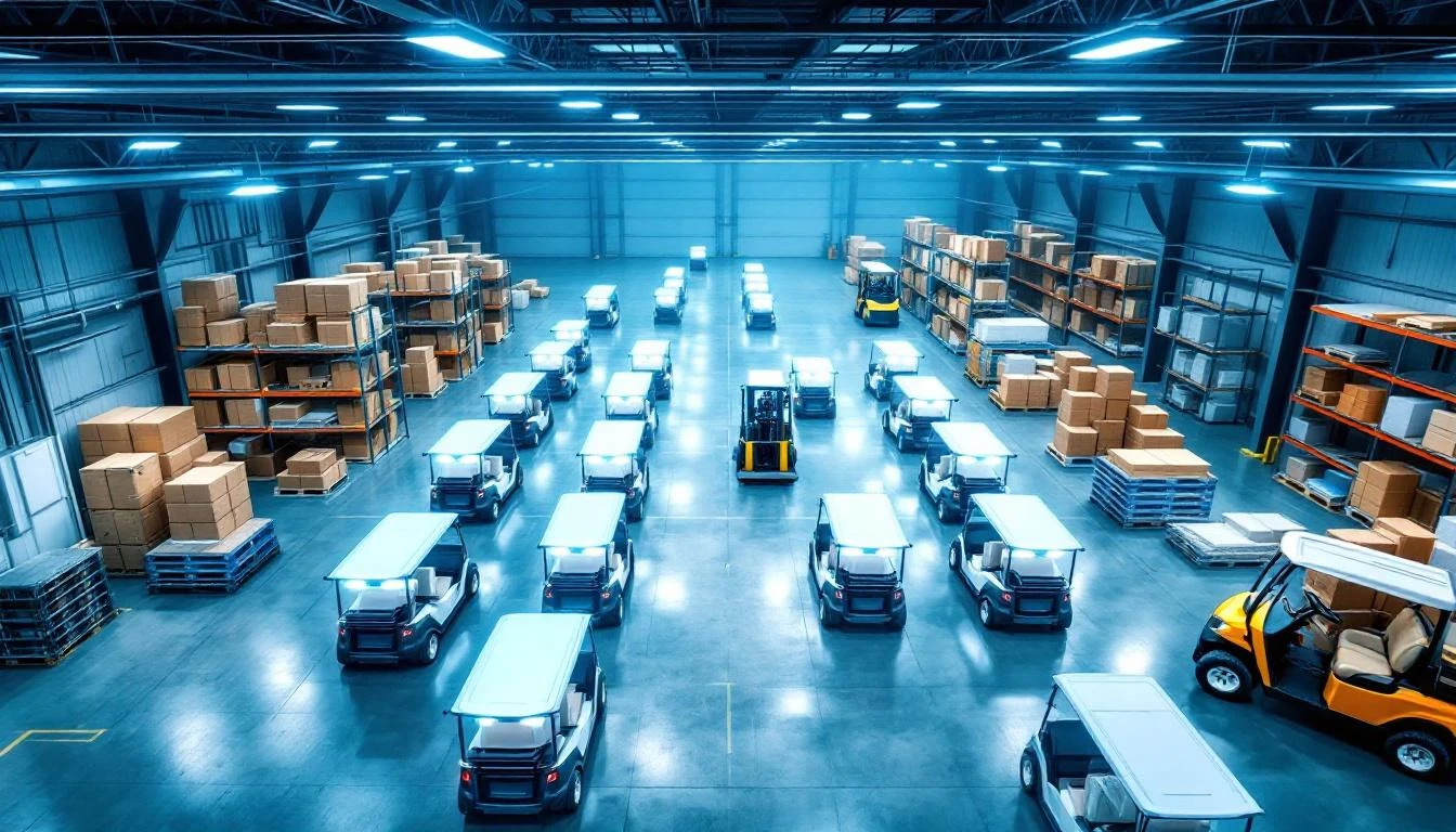 Elevated perspective capturing rows of networked golf carts staged in a modern distribution warehouse, their telemetry d