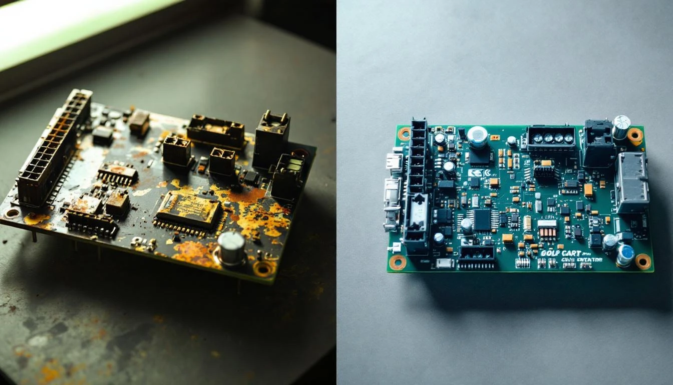 Split-screen comparison showing a worn, corroded golf cart controller board with oxidized terminals on the left side, po