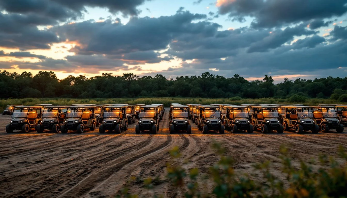 Wide-angle shot of a sprawling outdoor staging area at dusk, showcasing a fleet of 22 rugged golf carts arranged in orga