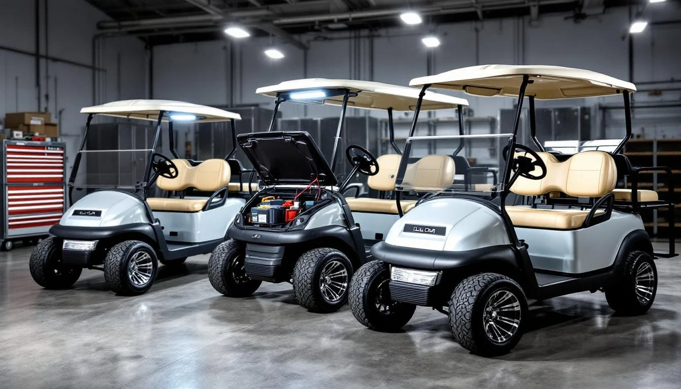 Three pristine Club Car Precedent golf carts positioned in a resort maintenance facility with polished concrete flooring