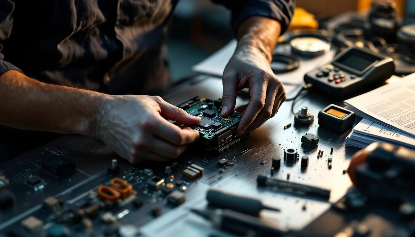 A technician in work gloves performs a diagnostic inspection of a disassembled golf cart motor assembly, photographed ov