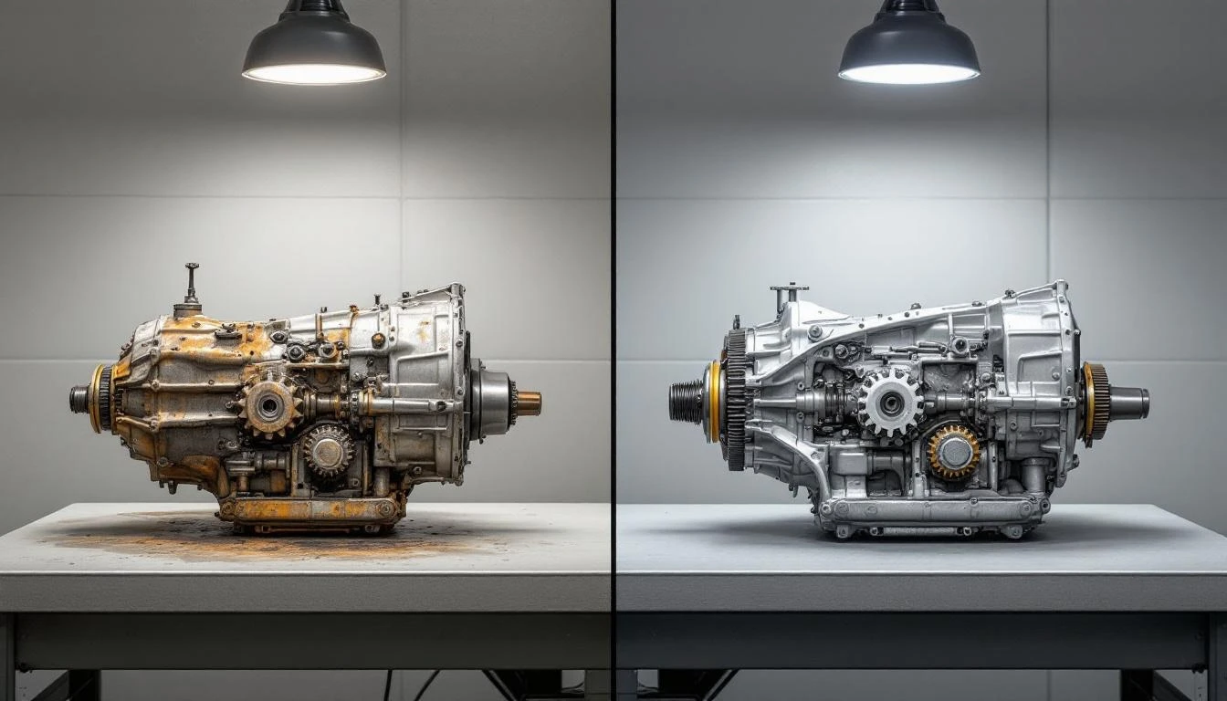 Split-frame comparison photograph showing a heavily worn golf cart transmission assembly on the left side—corroded metal