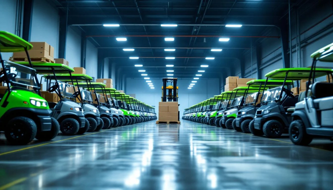 Low-angle dramatic shot of a modern distribution center interior with rows of lime-green and charcoal golf carts lined u