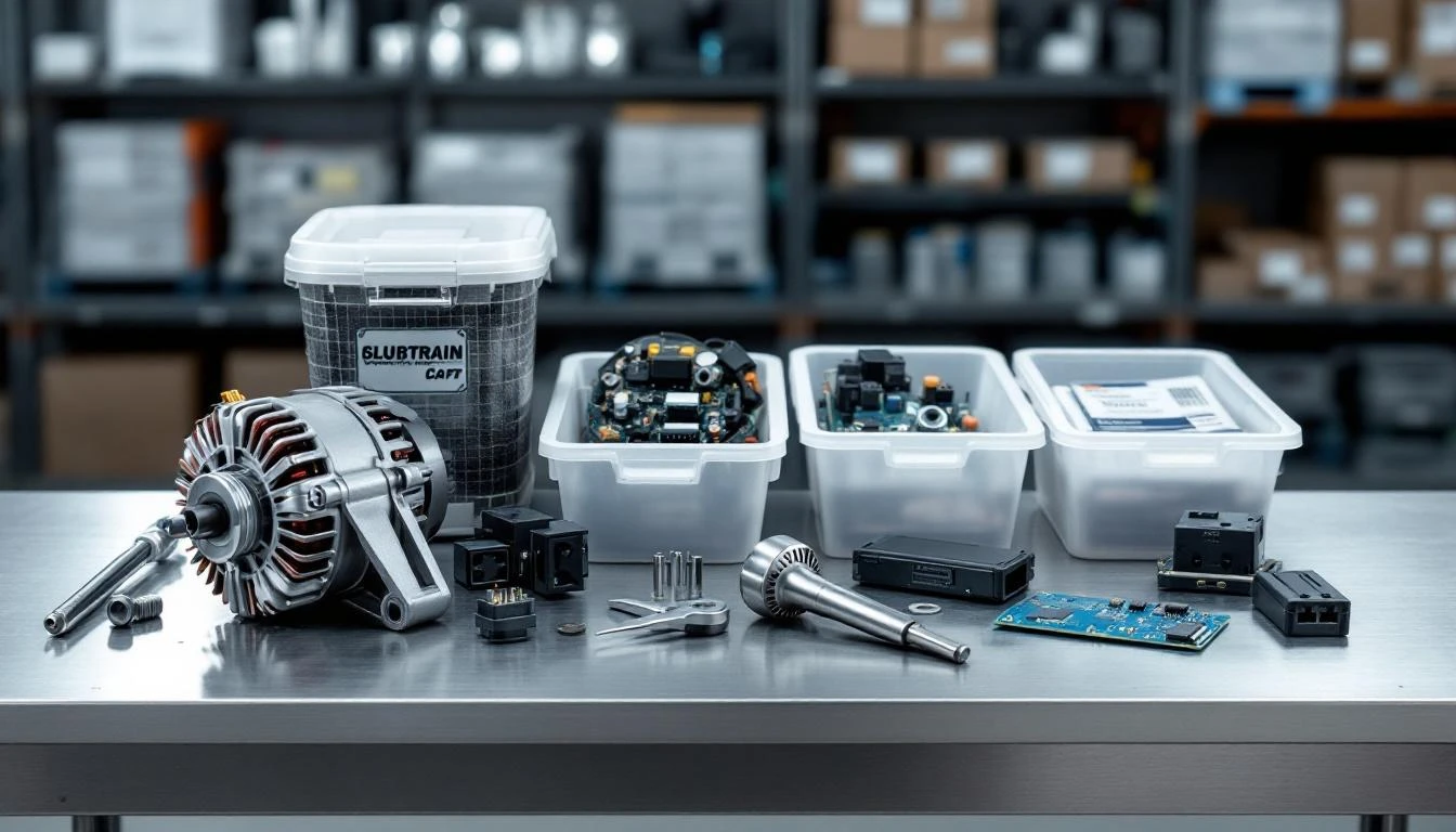 Overhead flat-lay composition of organized golf cart drivetrain components arranged on a industrial metal workbench: alt