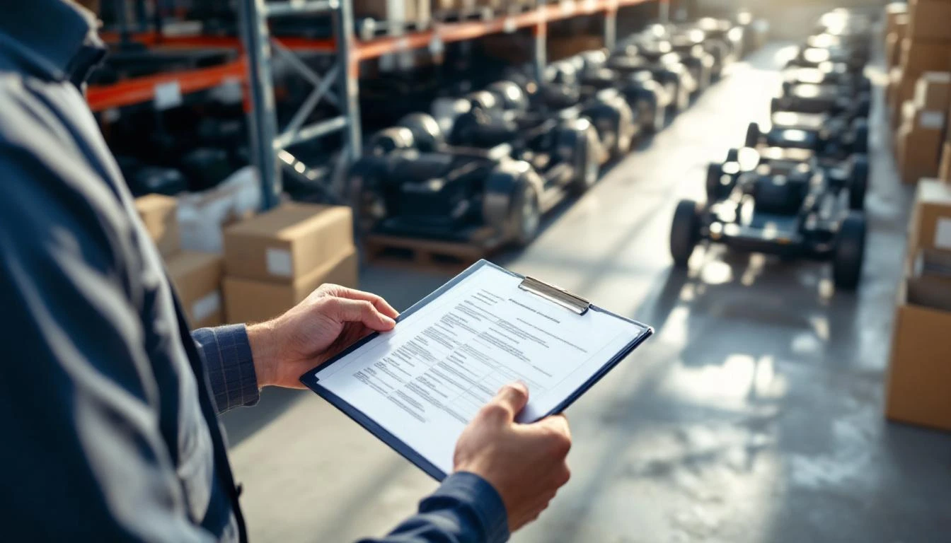 Over-the-shoulder view of a fleet manager reviewing typed inventory documentation while standing before a organized stor