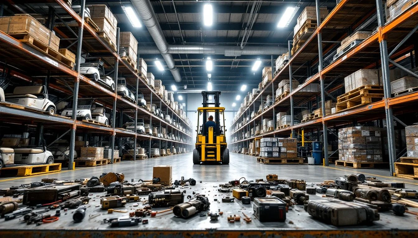 A dramatic low-angle shot of a specialized Caribbean distribution center interior reveals rows of golf carts positioned