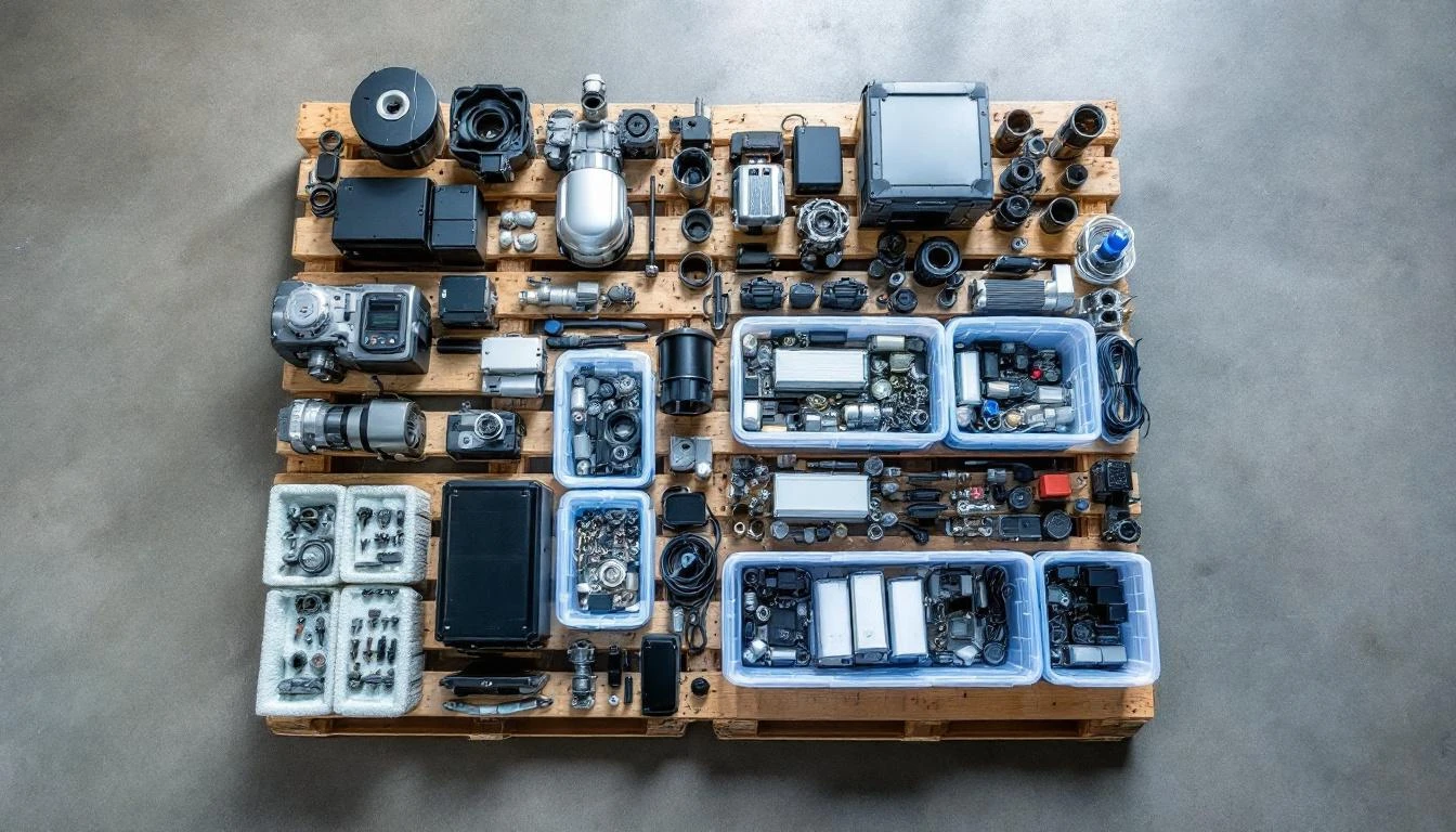 Organized flat lay of assorted golf cart parts displayed across a wooden warehouse pallet, featuring lithium-ion battery
