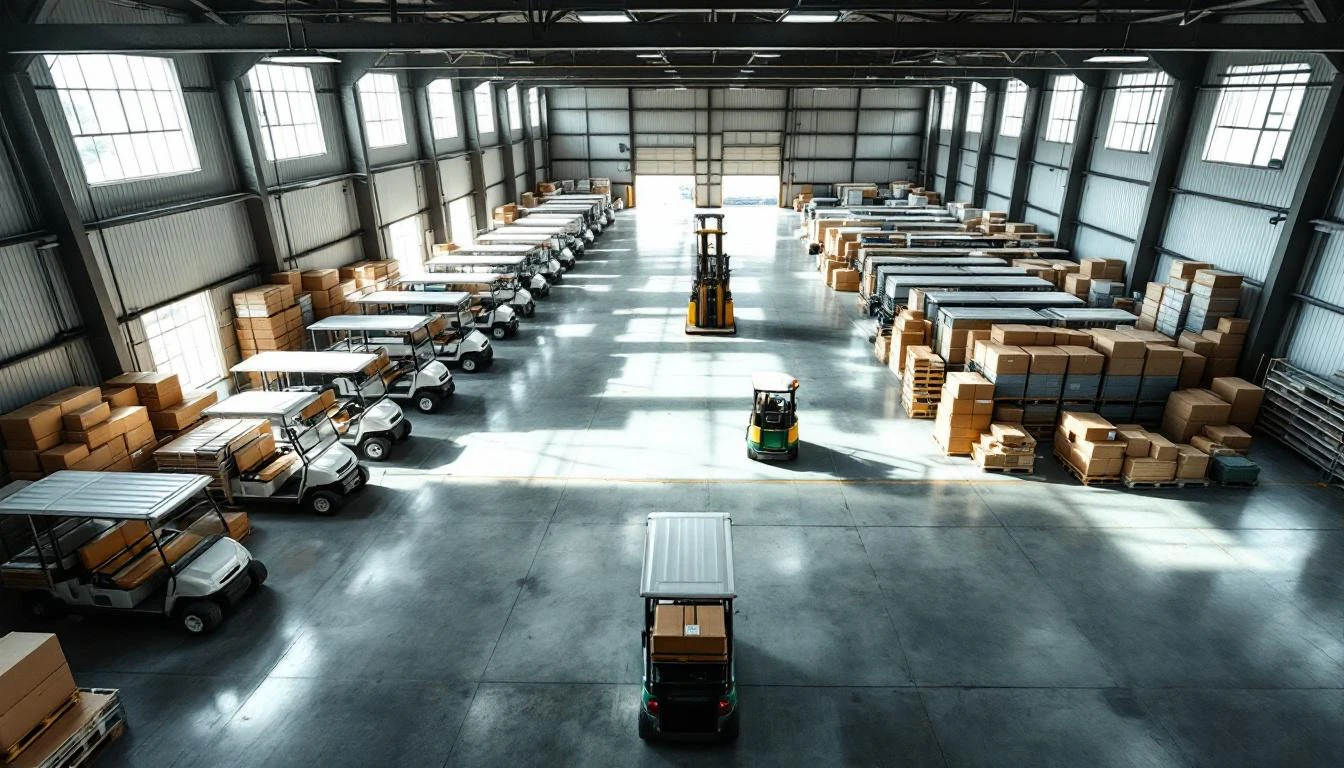 Overhead wide-angle shot of a sprawling Brazilian distribution warehouse housing rows of golf carts in neat columns, wit