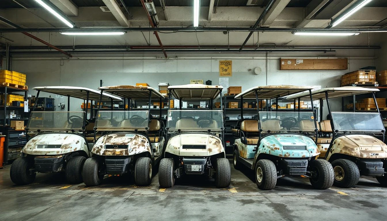 A Latin American golf cart fleet maintenance bay photographed from a mid-level angle, showing six weathered club cars po