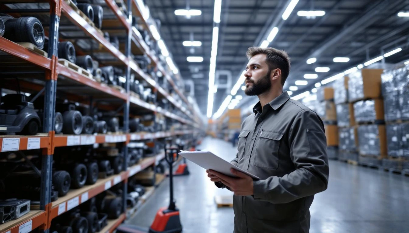 A logistics coordinator in a Latin American distribution center inspects organized rows of golf cart parts and assembled