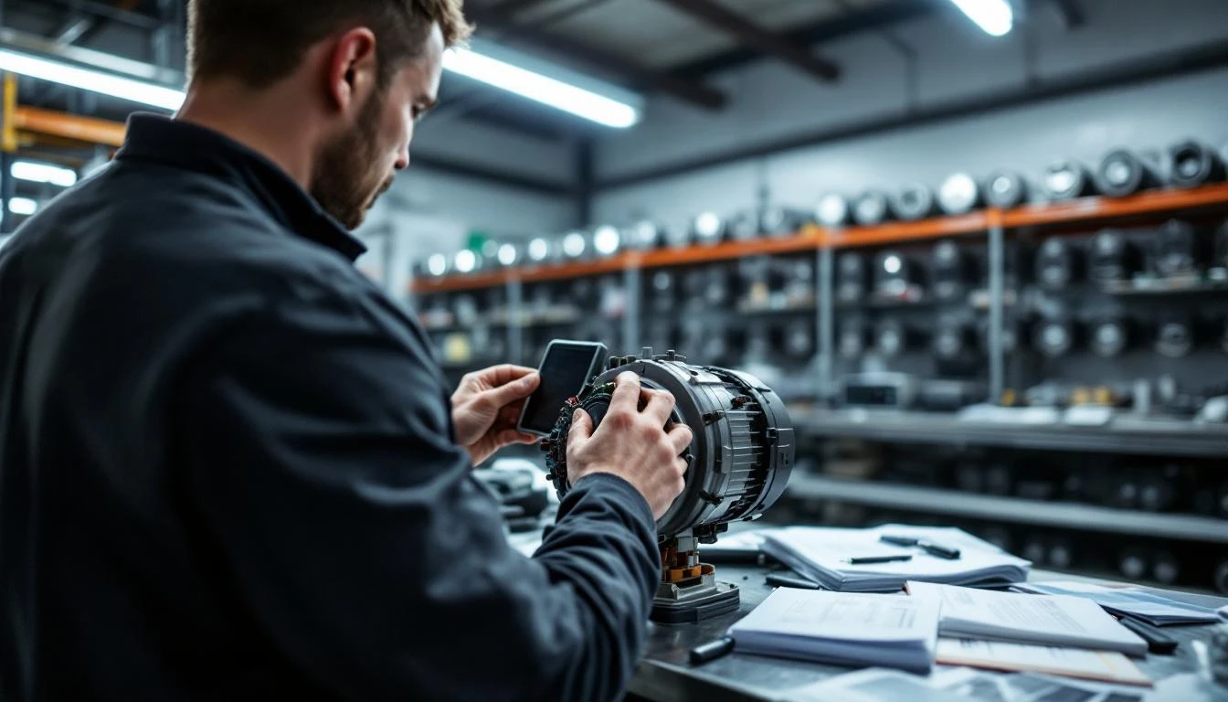 A technician in a service bay performs a systematic diagnostic check on a golf cart motor assembly, photographed over-th