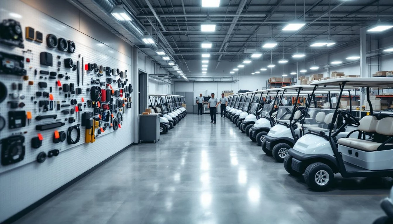 A wide-angle warehouse view capturing three parallel rows of identically configured golf carts lined up in a climate-con