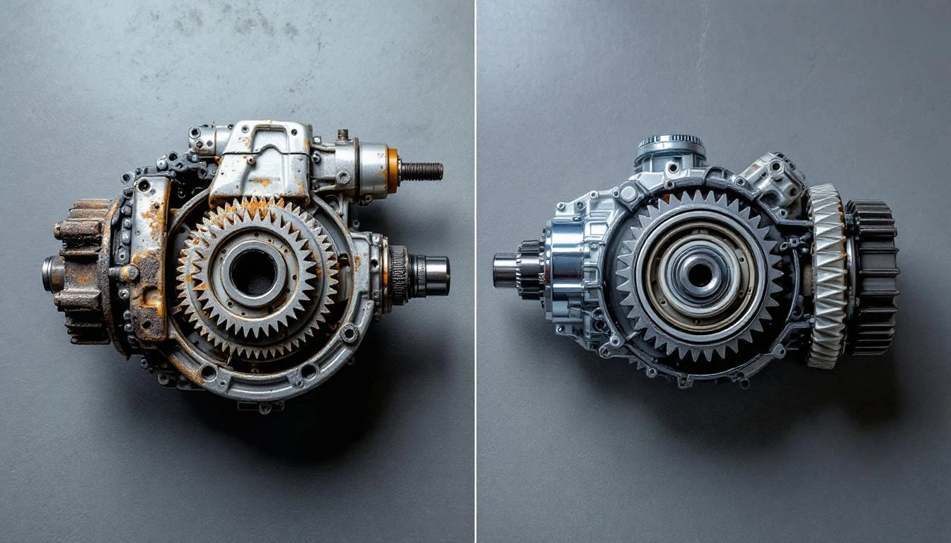 Split-screen comparison showing a heavily worn golf cart drivetrain assembly with visible corrosion and damaged bearings