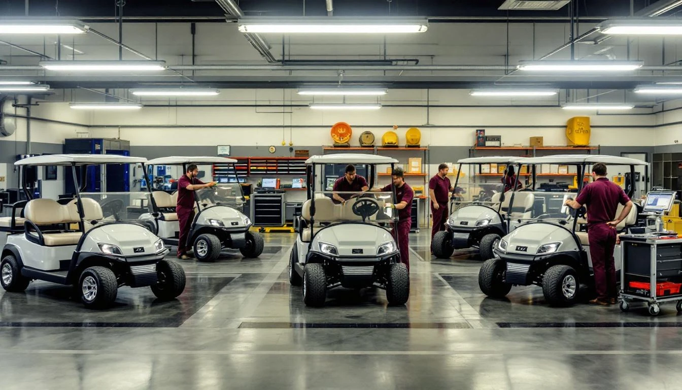 Professional maintenance bay at a high-end golf resort, overhead fluorescent lighting illuminating a lineup of six prist