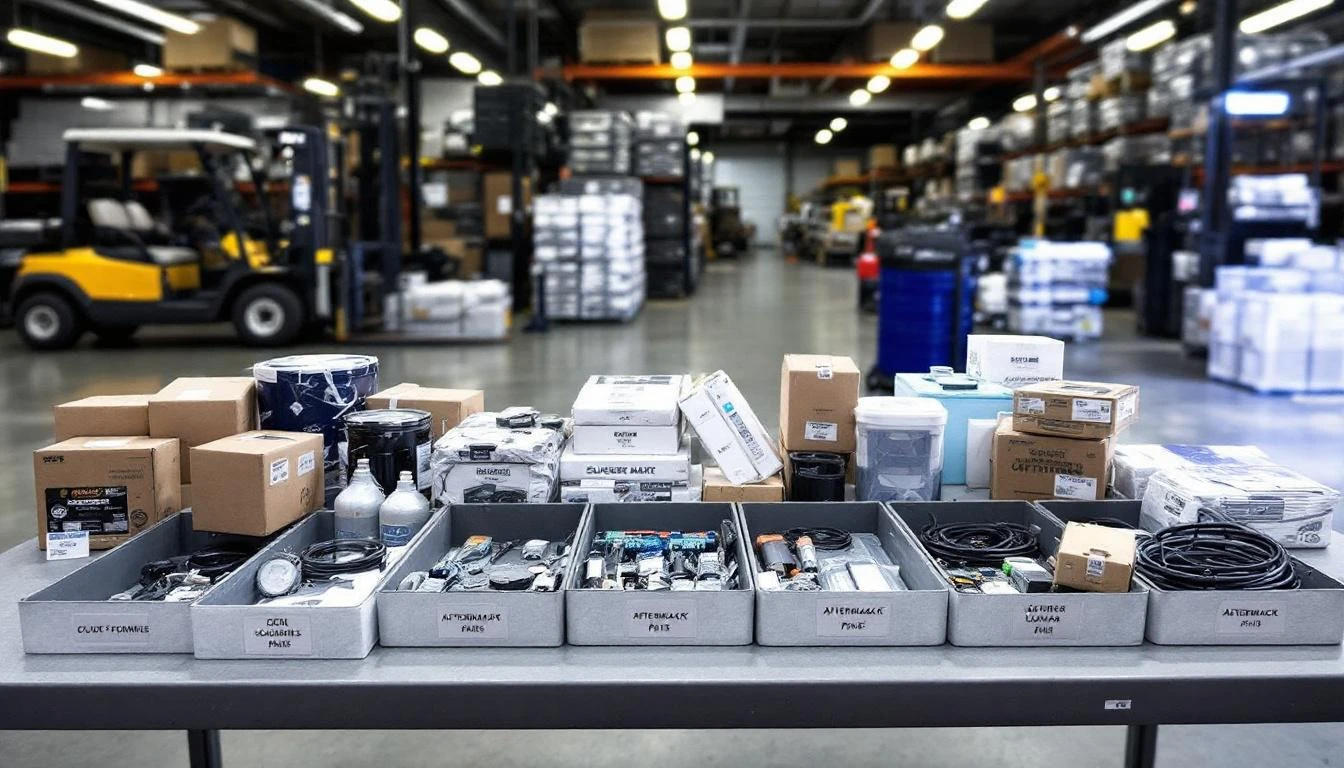 Organized inventory of golf cart parts spread across a gray warehouse table under bright overhead LED lighting, displayi