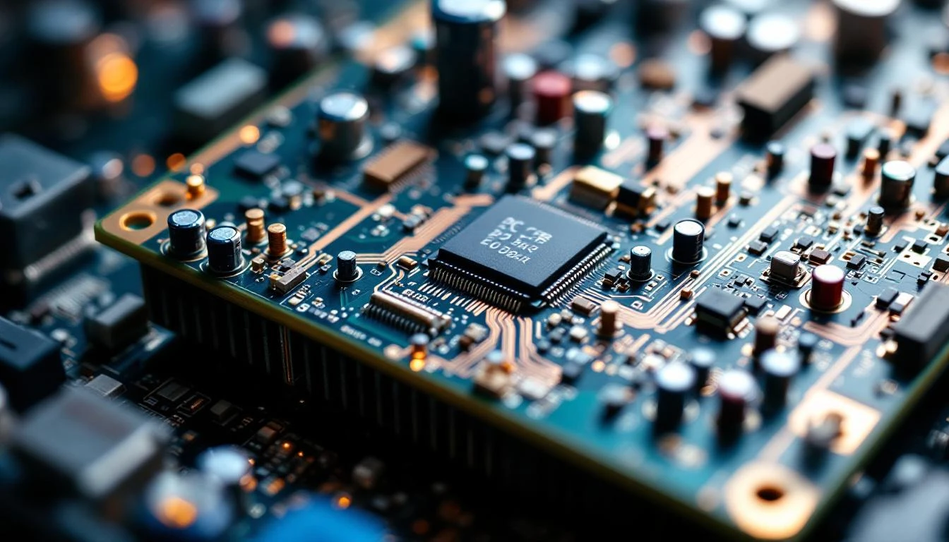 Extreme macro close-up of a golf cart DC motor controller board, shot from directly above under bright LED workshop ligh