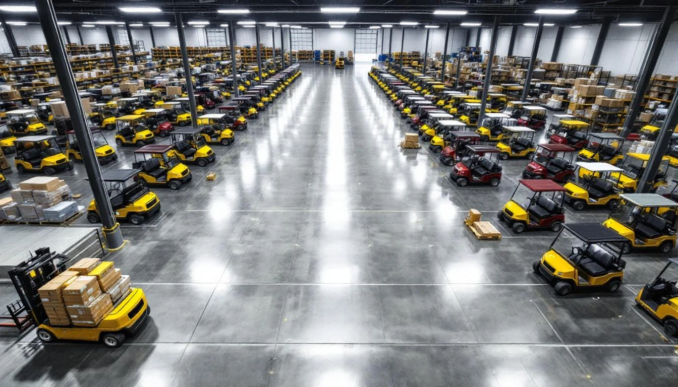 Elevated overhead perspective of a sprawling distribution center's golf cart storage zone, capturing three rows of yello