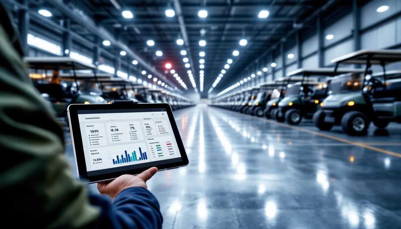A fleet manager conducts a rapid inventory assessment in a modern distribution center, photographed from a dynamic low a