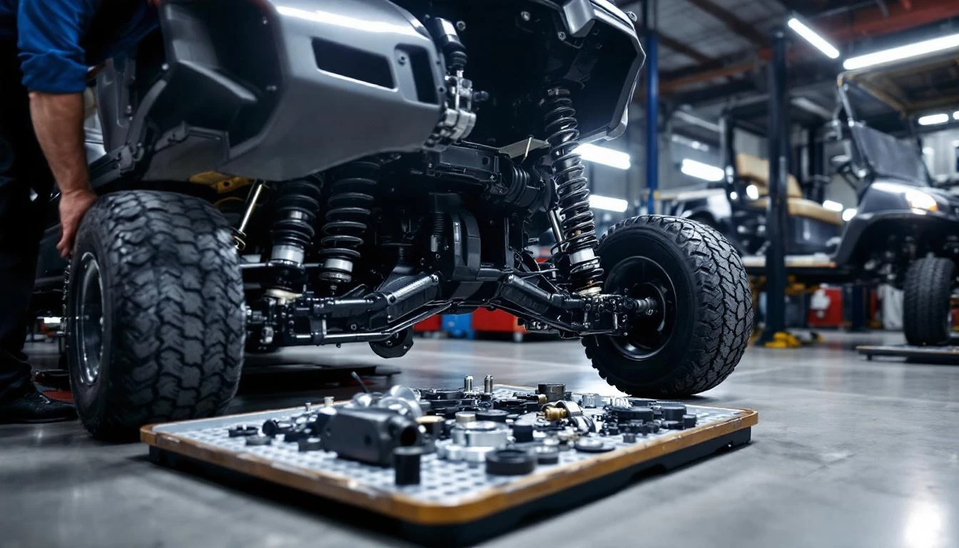 A technician in work attire leans over an open golf cart chassis in a service bay, shoulder-to-shoulder view, examining 