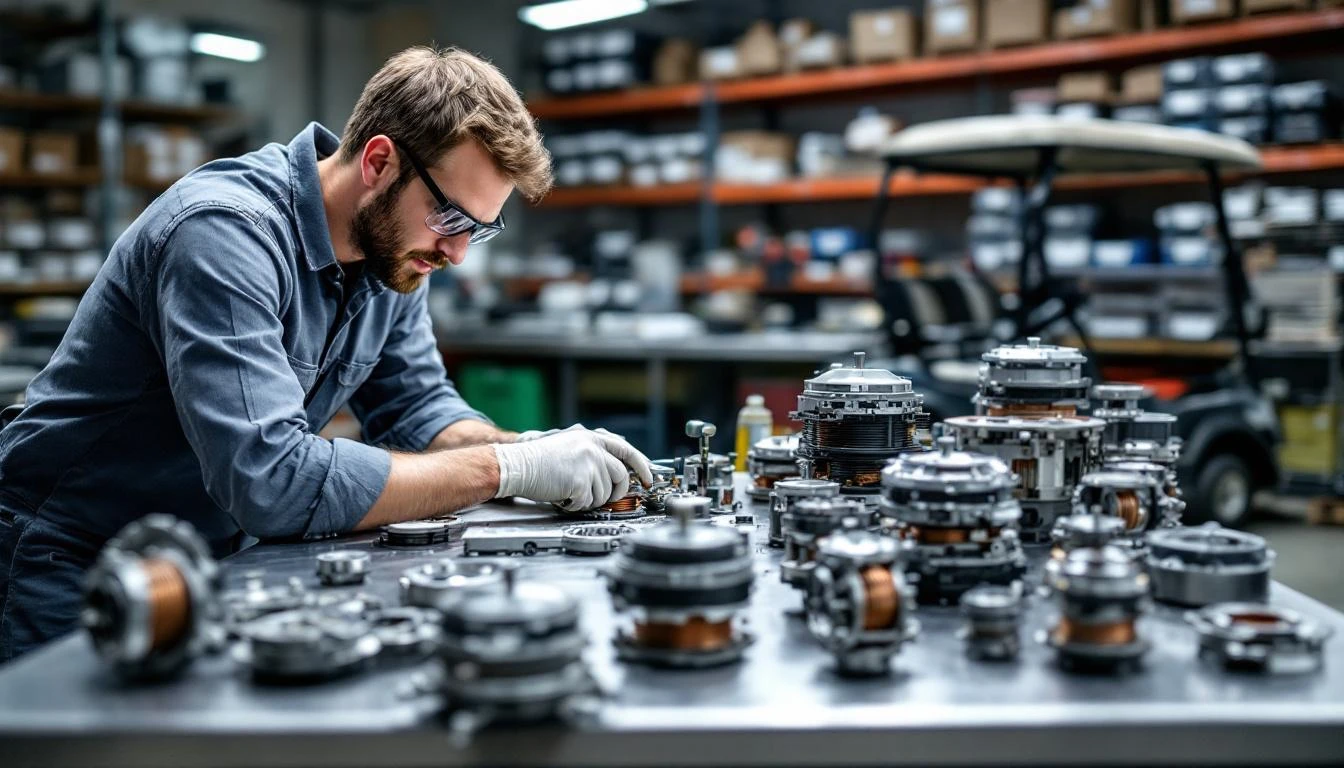 A technician in safety glasses leans over a organized workbench, systematically inspecting a disassembled golf cart moto