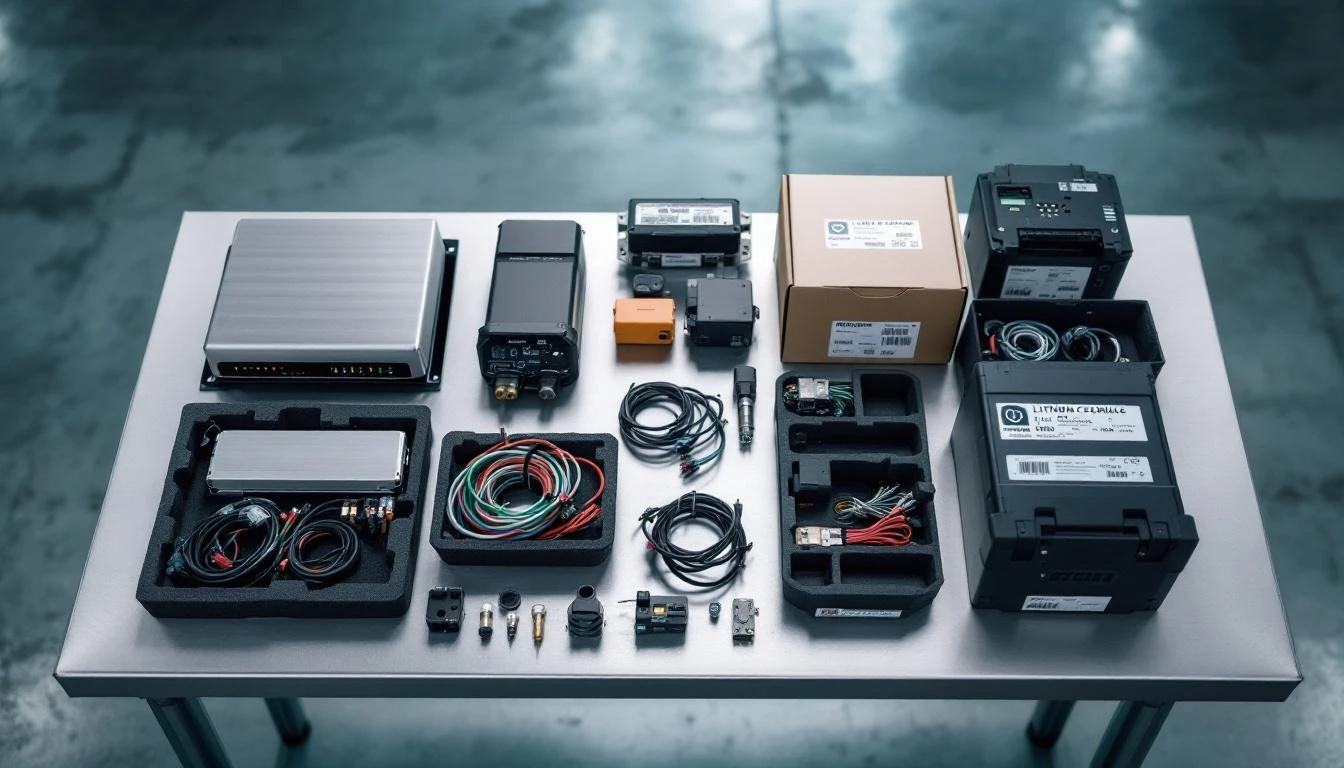 Overhead flat-lay perspective of organized golf cart parts arranged on a stainless steel warehouse table, displaying bru
