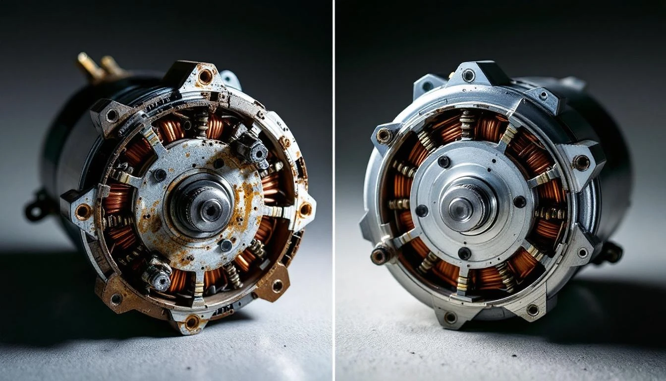 Split-screen side-by-side comparison photograph shot under bright studio lighting, left side showing a visibly worn golf