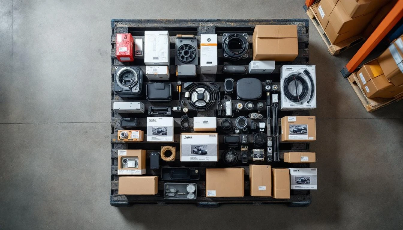 A neatly organized flat lay of golf cart replacement parts and accessories arranged on a weathered gray warehouse pallet
