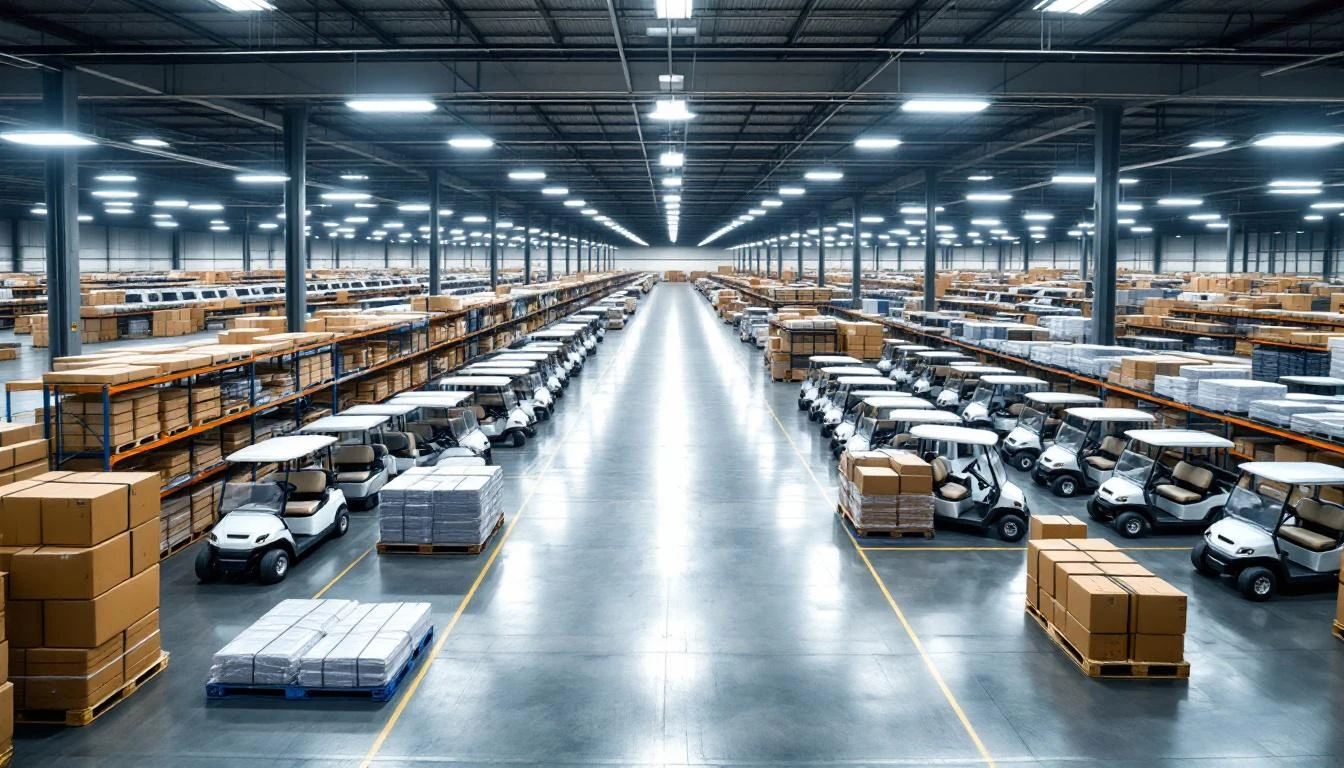 Wide-angle shot of a sprawling warehouse floor lined with organized rows of assembled golf carts in various stages of pr