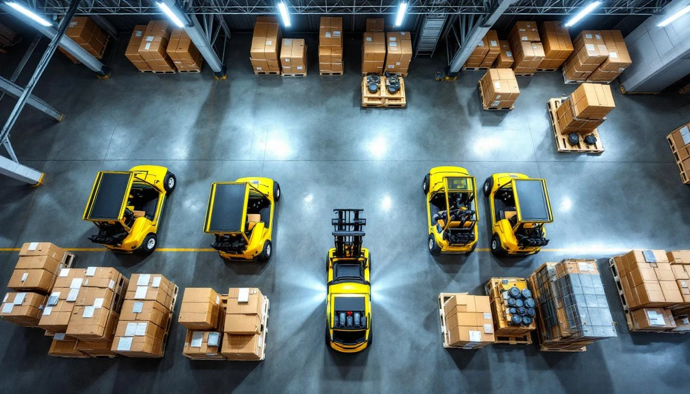 A dynamic overhead angle captures a warehouse distribution center with rows of yellow and green golf carts positioned on