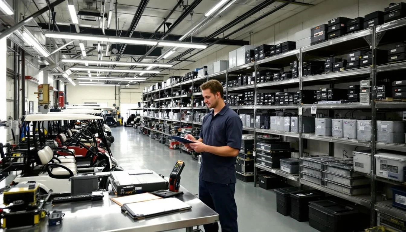 A professional golf cart maintenance bay at a luxury resort shows technicians conducting inventory audits alongside orga