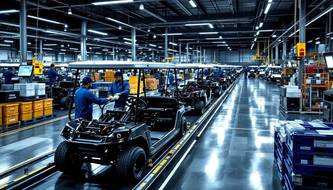 A pneumatic assembly line station photographed from a dynamic side angle, capturing multiple golf cart chassis positione