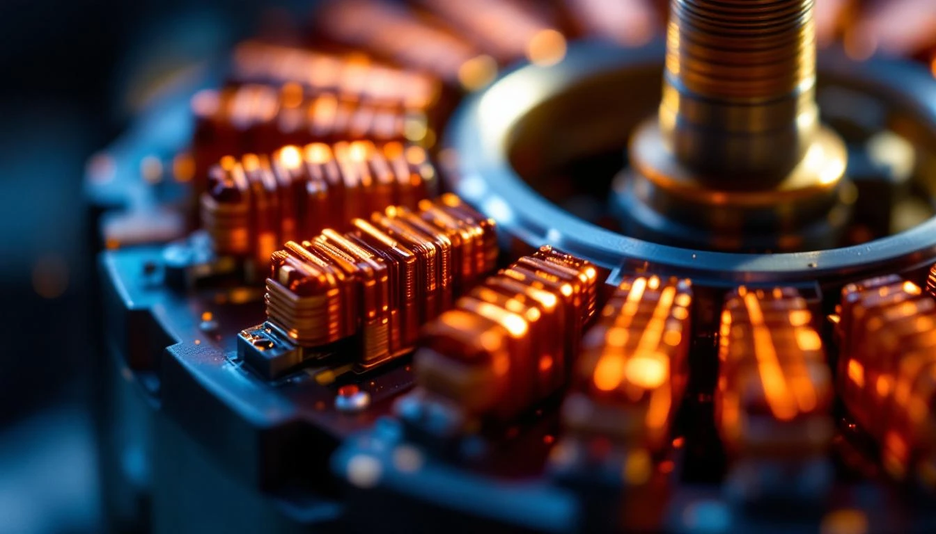 Extreme macro close-up of a golf cart DC motor's copper commutator and brush assembly, shot at 45-degree angle under coo